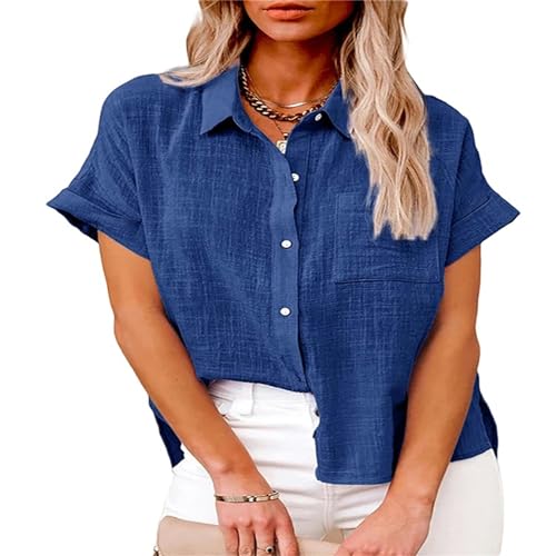 TOAWEM T Shirt Lässige Kurzarm -Baumwollwäsche Lose Bluse Übergroßes Hemd Sommertops Frauen-Blau-L von TOAWEM