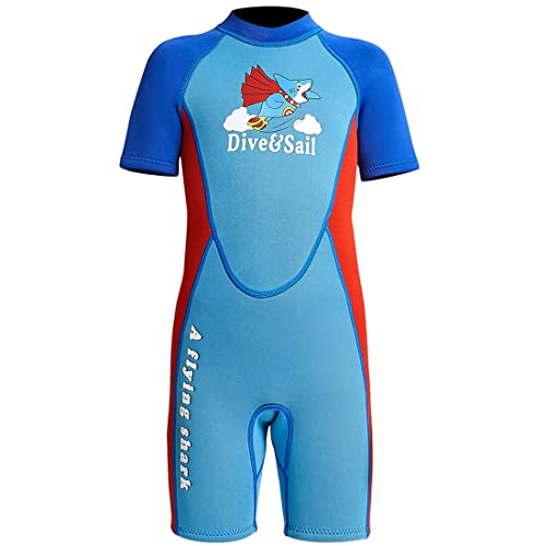 Kinder Neoprenanzug Mädchen Jungen Kurzarm Wäremehaltung UV-Schutz 2.5mm Neopren Tauchanzug Einteiliger kurzärmelig Badeanzug Reißverschluss warm Wetsuit Wassersport Blau L von TOKYMOON