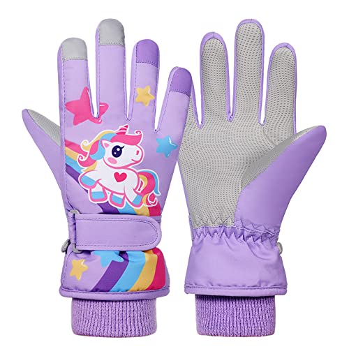 Kinder Skihandschuhe Snowboard Handschuhe Schneehandschuhe wasserdichte Und Winddichte Winter Handschuhe Anti-Rutsch Plüsch Gefüttert Warm Handschuhe für Mädchen Jungen Lila Einhorn S(4-7 Jahre) von TOKYMOON