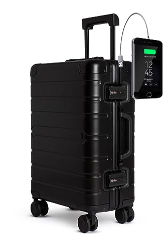 TOKYOTO Aluminium Trolley Handgepäck-Koffer mit 4 Rollen 55x35x20 / Hartschalenkoffer, Suitcase, Reisekoffer klein für Unterwegs/TSA-Schloss & USB-Anschluss Black Logo von TOKYOTO