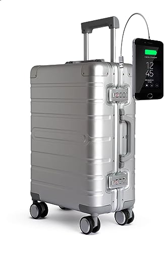 TOKYOTO Aluminium Trolley Handgepäck-Koffer mit 4 Rollen 55x35x20 / Hartschalenkoffer, Suitcase, Reisekoffer klein für Unterwegs/TSA-Schloss & USB-Anschluss Silver Logo von TOKYOTO