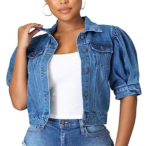Damen Jeansjacke, Damen Puff-Jeansjacke Mit Kurzen Ärmeln Modisches Revers Knopfleiste Verkürzter Jeansmantel Vintage-Jeansjacke Mit Distressed-Waschung Verblasste Sommerjacke Tops Für Damen Und von TOMPPY