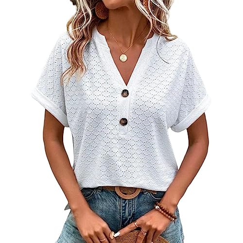 TOMPPY Bluse Damen,Damenbluse Sommer Einfarbig Hohl Jacquard-Knopf V-Ausschnitt Pullover Hemden Tops Elegante Kurzarm-Tunika-Oberteile Sexy Büro-Arbeitsblusen T-Shirts Für Damen Und Mädchen Weiß XXL von TOMPPY