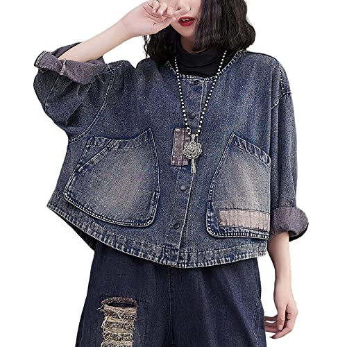 TOMPPY Damen Jeansjacke, Damen-Jeansjacke Vintage-Stil Distressed-Blau Spleißen Lange Ärmel Knopfleiste Shacket-Jacke Lockere Kurze Waschung Verblasster Rundhals-Jeansmantel Frühling Übergang Lässige von TOMPPY