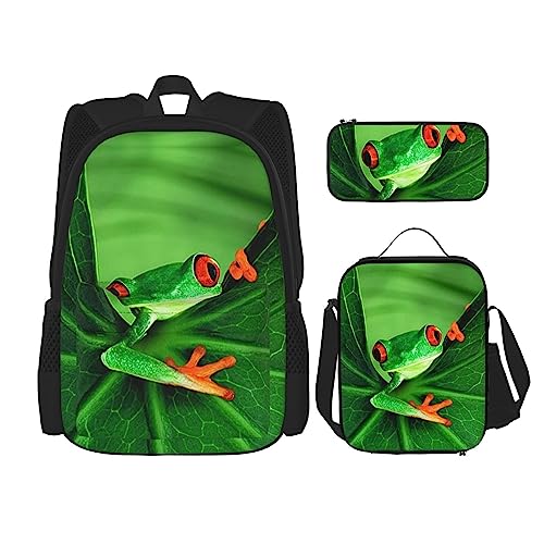 TOMPPY Rucksack-Set mit niedlichem Frosch-Motiv, 3-teilig, Schultaschen mit Lunchbox und Federmäppchen für die Grundausstattung, Schwarz , Einheitsgröße, Schulranzen-Set von TOMPPY