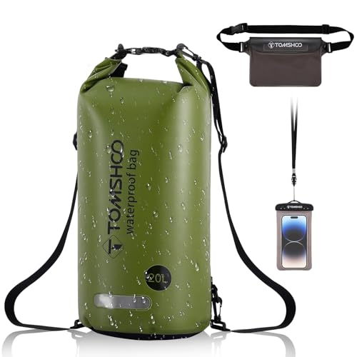 TOMSHOO Dry Bag Set, 10L/20L Wasserdicht Rucksack mit Wasserfester Handytasche & Tasche, Verstellbarer Schultergurt, Waterproof Backpack für Kajak Fahren, Wandern, Camping, mehr, 10L, Grün von TOMSHOO