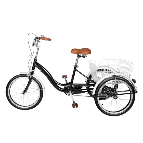 TONFEION 20 Zoll Dreirad für Erwachsene, Single-Speed dreiräder, 3-Rad Fahrrad mit Einkaufskorb, Höhenverstellbar, Lastenfahrrad für Erholung, Einkaufen und Bewegung (Schwarz) von TONFEION