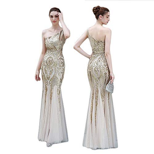 Plus Size Maxikleider Frauen Sexy Off-The-Shoulder äRmellose Elegante Bodenlange Lange Meerjungfrau Prom Abendkleider,Gold,S von TONG