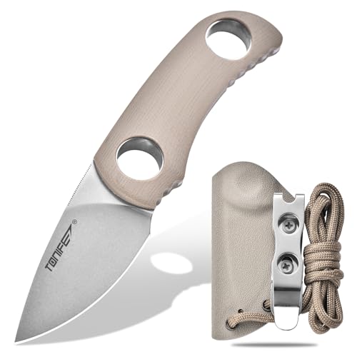 TONIFE Runer Feststehendes Neck Knife mit Scheide und Lanyard 4,7cm Full Tang-Klinge EDC Messer Neck Knife für Outdoor (Warmer Sand+Stonewash) von TONIFE