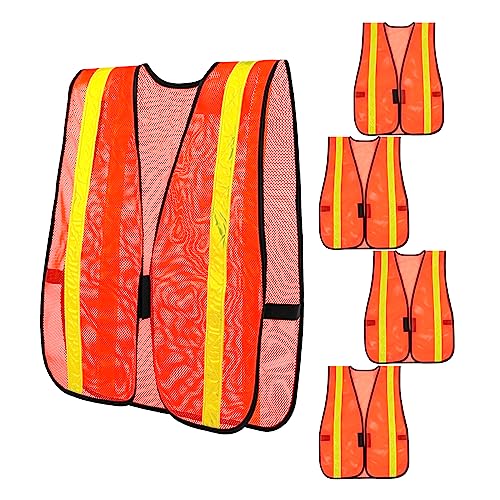 TopTie 5 Packs High Visibility Mesh Safety Vest, Volunteer Vests, Event Smocks with Gold Reflective Strips, with Elastic Side Straps for a Comfortable Fit-Neon Orange von TopTie