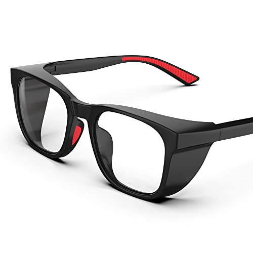 TOREGE Transparente Schutzbrille mit Seitenschutz, beschlagfrei und kratzfest mit rutschfesten Griffen und komplettem UV-Schutz, ideal für Damen und Herren (Black&Red) von TOREGE