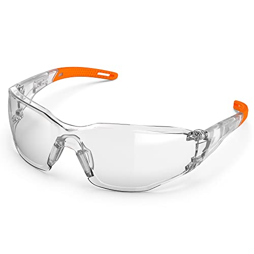 TOREGE Transparente Schutzbrille – verstellbarer Nasensteg, beschlagfrei und kratzfest, leicht, mit rutschfesten Gummigriffen – ANSI Z87 (Orange) von TOREGE