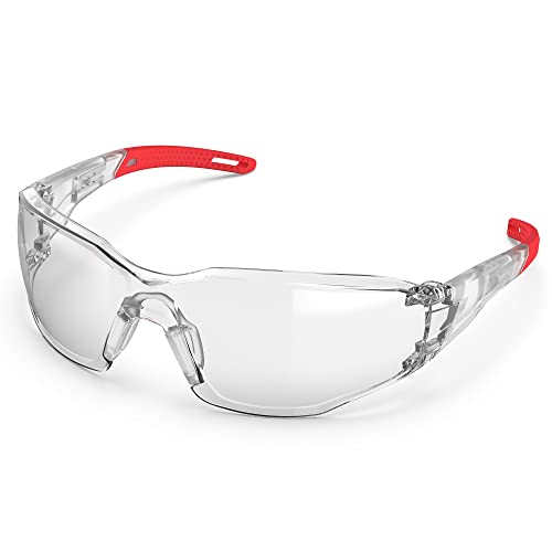 TOREGE Transparente Schutzbrille – verstellbarer Nasensteg, beschlagfrei und kratzfest, leicht, mit rutschfesten Gummigriffen – ANSI Z87 (Red) von TOREGE