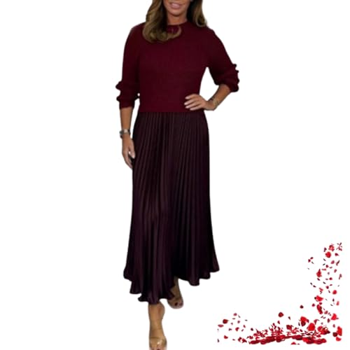 Damenpullover mit Langen Ärmeln und Faltenrock, modisches TOTDYIKH-Faltenkleid (Medium,Dark red) von TOTDYIKH