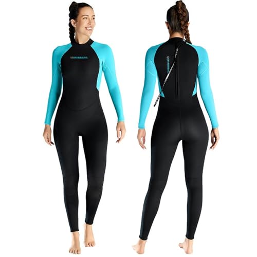 TOVCHEI Frauen Einteiliger Neoprenanzug 3/2MM Neopren Warmer Tauchanzug Langärmeliger Kältebeständiger Anti-Quallen Schnorchel Surfanzug,Blau,S von TOVCHEI