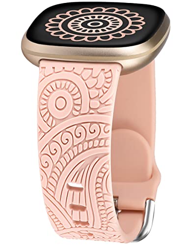 TOYOUTHS Floral Gravierte Armband kompatibel mit Fitbit Versa 4/Versa 3/Sense 2/Sense Armband, Sport Solo Loop Silikon Boho Blume Fancy Cute Armbänder für Damen Herren, Rosa von TOYOUTHS