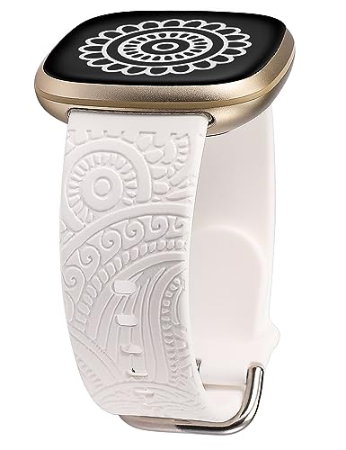 TOYOUTHS Floral Gravierte Armband kompatibel mit Fitbit Versa 4/Versa 3/Sense 2/Sense Armband, Sport Solo Loop Silikon Boho Blume Fancy Cute Armbänder für Damen Herren, Weiß von TOYOUTHS