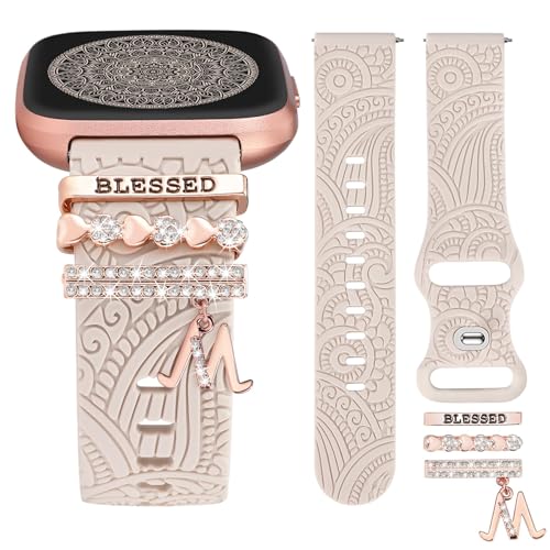 TOYOUTHS Floral Gravierte Armband mit Dekorative Charme kompatibel mit Fitbit Versa 2/Fitbit Versa/Versa Lite Armband Damen Boho Sport Silikon Armbänder mit Dressy Versa 2 Ring Loop, Polarstern/M von TOYOUTHS