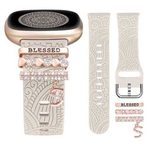 TOYOUTHS Floral Gravierte Armband mit Dekorative Charme kompatibel mit Fitbit Versa 4/Versa 3/Sense 2/Sense Armband Damen Boho Sport Silikon Armbänder mit Dressy Ring Loop für Sense 2, Polarstern/S von TOYOUTHS