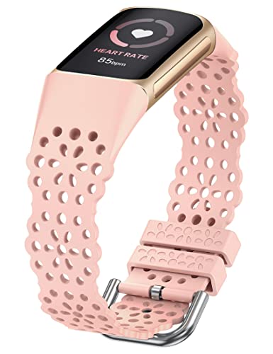 TOYOUTHS Lace Silikon Armband Kompatibel mit Fitbit Charge 6/Charge 5 Armband, Frauen Weich Sport Solo Loop Blume Ausschnitt Spitze Ersatzarmband für Charge 5, Pink von TOYOUTHS