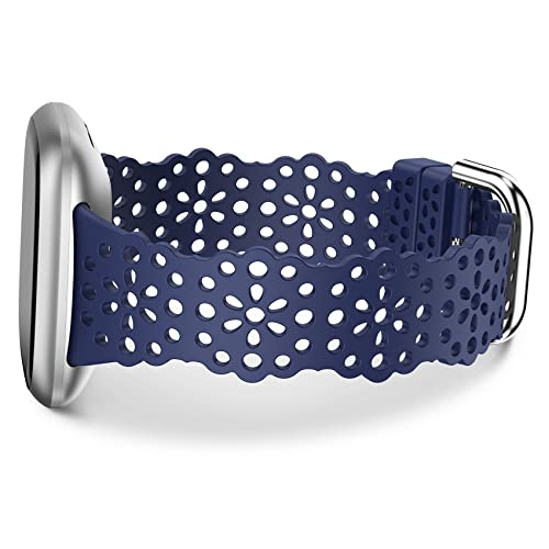 TOYOUTHS Lace Silikon Armband Kompatibel mit Fitbit Versa 4/Fitbit Versa 3/Fitbit Sense 2/Sense Armband, Frauen Weich Sport Solo Loop Blume Ausschnitt Spitze Ersatzarmband für Versa 3, Dunkelblau von TOYOUTHS