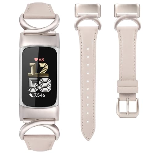 TOYOUTHS Lederarmband Kompatibel mit Fitbit Charge 6/Charge 5 Armband Damen, Frauen Schlank Luxus Elegant Dressy Armbänder mit C-förmiger Schnalle für Charge 6, Polarstern/Polarstern von TOYOUTHS