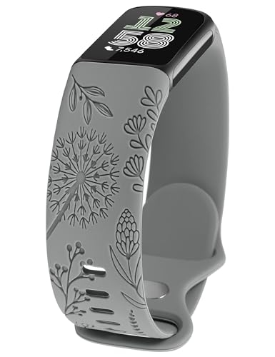 TOYOUTHS Löwenzahn Floral Gravierte Armband Kompatibel mit Fitbit Charge 6/Charge 5 Armband Damen, Frauen Blume Fancy Cute Weich Silikon Sport Solo Loop Armbänder für Charge 6, Grau von TOYOUTHS