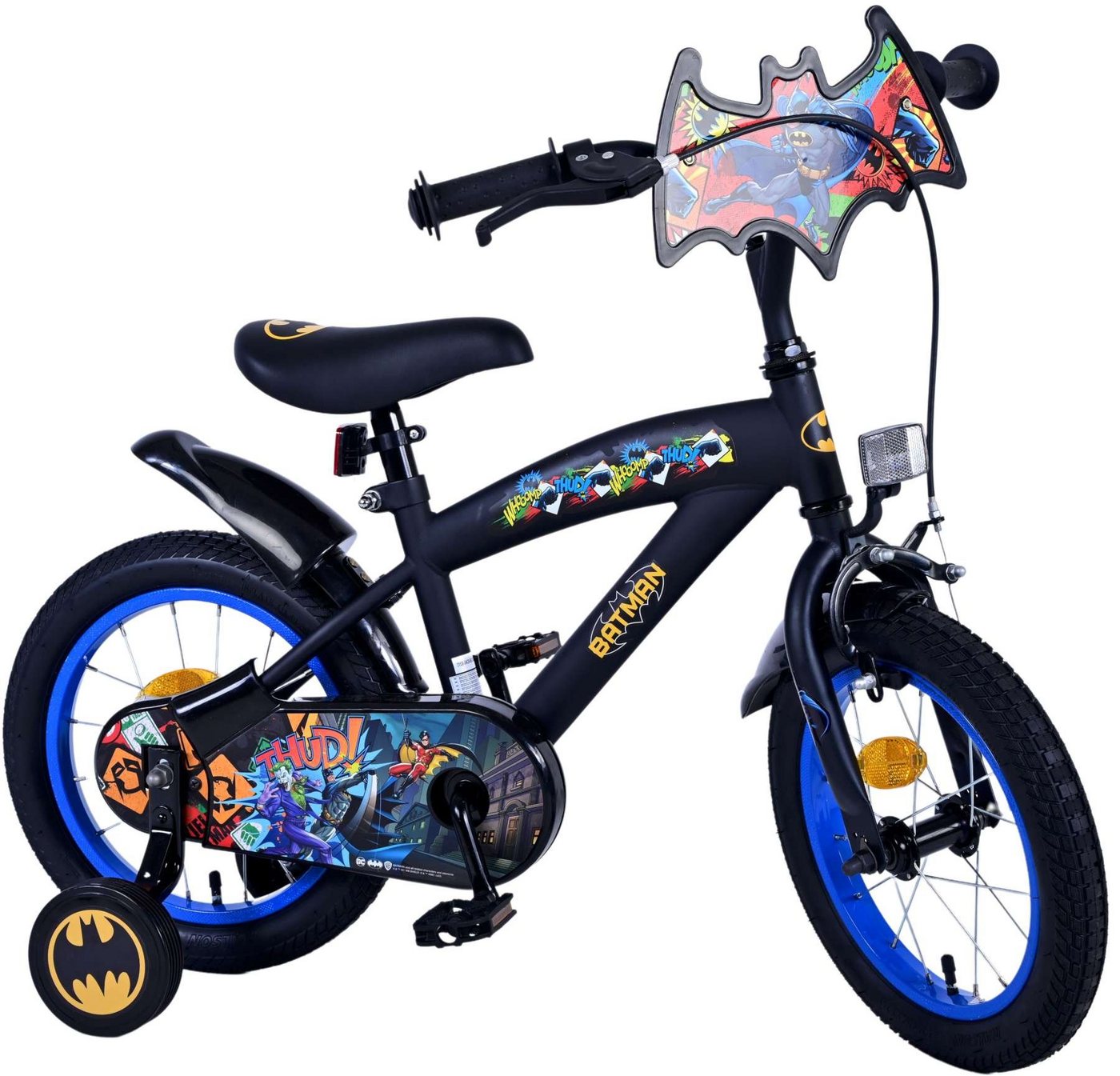 TPFSports Kinderfahrrad DC Batman Fahrrad 14 Zoll, 1 Gang, (Jungs Fahrrad - Rutschfeste Sicherheitsgriffe), Kinder Fahrrad 14 Zoll mit Stützrädern - Schwarz von TPFSports