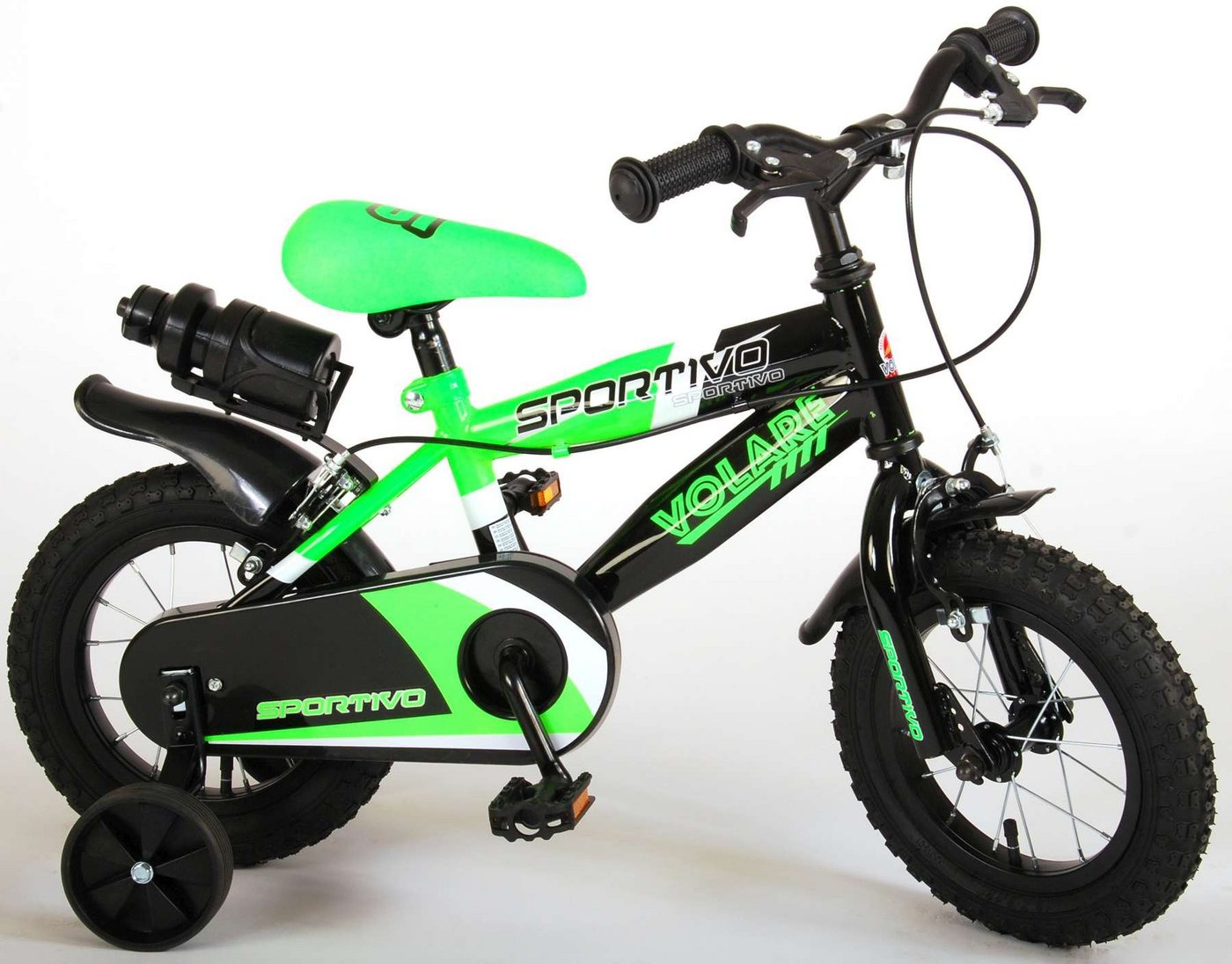 TPFSports Kinderfahrrad Volare Sportivo 12 Zoll mit 2x Handbremse, 1 Gang, (Jungs Fahrrad - Rutschfeste Sicherheitsgriffe), 14 Zoll mit Stützräder und Getränkehalter - Neon Grün von TPFSports