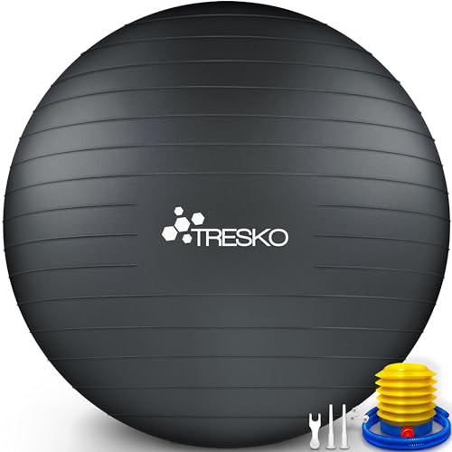 TRESKO Gymnastikball mit GRATIS Übungsposter inkl. Luftpumpe - Yogaball BPA-Frei | Sitzball Büro | Anti-Burst | 300 kg,Anthrazit,55cm (für Körpergröße unter 155cm) von TRESKO