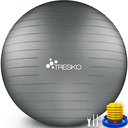 TRESKO Gymnastikball mit GRATIS Übungsposter inkl. Luftpumpe - Yogaball BPA-Frei | Sitzball Büro | Anti-Burst | 300 kg,Grau,85cm (für Körpergröße über 185cm) von TRESKO