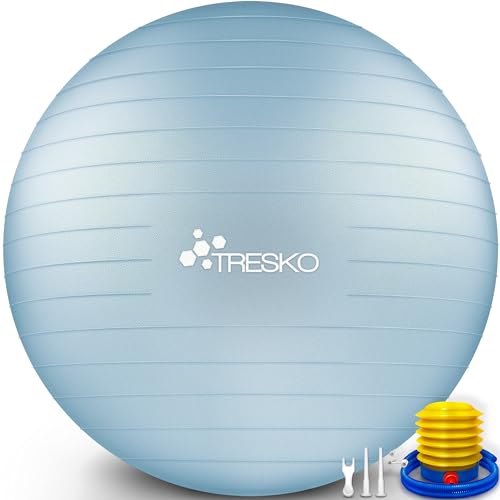 TRESKO Gymnastikball mit GRATIS Übungsposter inkl. Luftpumpe - Yogaball BPA-Frei | Sitzball Büro | Anti-Burst | 300 kg,Himmelblau,55cm (für Körpergröße unter 155cm) von TRESKO