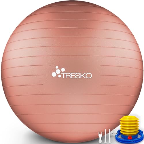 TRESKO Gymnastikball mit GRATIS Übungsposter inkl. Luftpumpe - Yogaball BPA-Frei | Sitzball Büro | Anti-Burst | 300 kg,Korallen-Rosé,65cm (für Körpergröße 155-175cm) von TRESKO