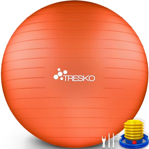 TRESKO Gymnastikball mit GRATIS Übungsposter inkl. Luftpumpe - Yogaball BPA-Frei | Sitzball Büro | Anti-Burst | 300 kg,Orange,55cm (für Körpergröße unter 155cm) von TRESKO