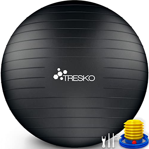 TRESKO Gymnastikball mit GRATIS Übungsposter inkl. Luftpumpe - Yogaball BPA-Frei | Sitzball Büro | Anti-Burst | 300 kg,Schwarz,75cm (für Körpergröße 175 - 185cm) von TRESKO