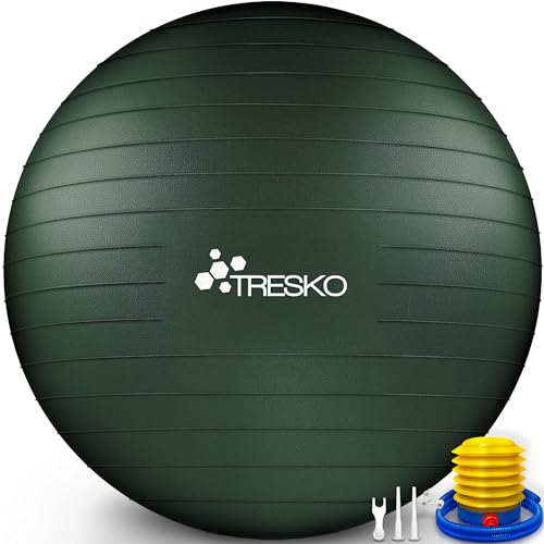 TRESKO Gymnastikball mit GRATIS Übungsposter inkl. Luftpumpe - Yogaball BPA-Frei | Sitzball Büro | Anti-Burst | 300 kg,Smaragdgrün,65cm (für Körpergröße 155-175cm) von TRESKO