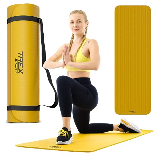 TREX SPORT Gymnastikmatte extra dick und weich | Fitnessmatte 180x60x1cm mit Tragegurt | Yogamatte rutschfest (Yellow Mustard) von TREX SPORT