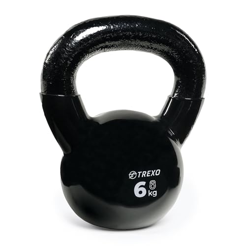 TREXO Kettlebel 6kg Gusseisen mit Vinylbeschichtung für vielseitige Heim- und Gym-Übungen Hantel Professionelle schwarze Hantelkugel VKB06 von TREXO