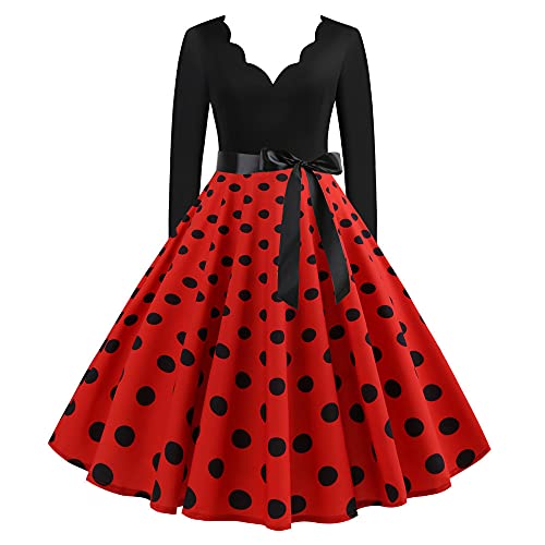 1950er Rockabilly Petticoat Kleid Damen Mittelalter Ballkleid Retro Swingkleid Cocktailkleid Tunikakleid mit Schleifenknoten Langärmliges Abendkleid mit V-Ausschnitt Tupfendruck Partykleid von TRIGLICOLEUM