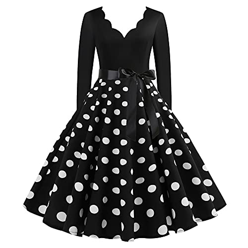 1950er Rockabilly Petticoat Kleid Damen Mittelalter Ballkleid Retro Swingkleid Cocktailkleid Tunikakleid mit Schleifenknoten Langärmliges Abendkleid mit V-Ausschnitt Tupfendruck Partykleid von TRIGLICOLEUM