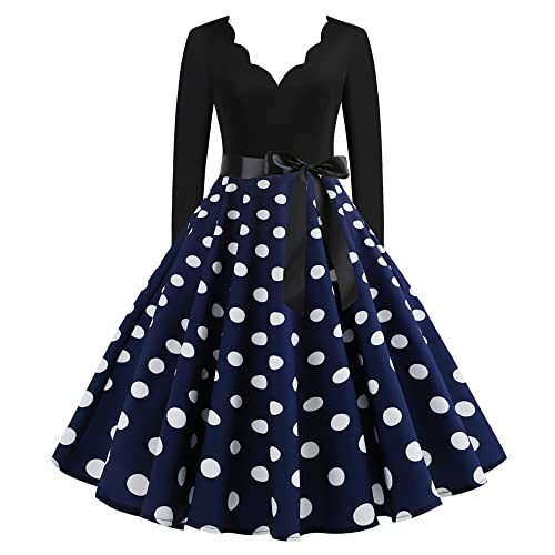 1950er Rockabilly Petticoat Kleid Damen Mittelalter Ballkleid Retro Swingkleid Cocktailkleid Tunikakleid mit Schleifenknoten Langärmliges Abendkleid mit V-Ausschnitt Tupfendruck Partykleid von TRIGLICOLEUM