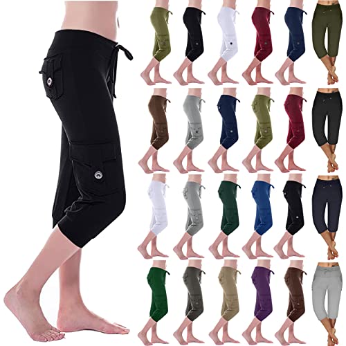 3/4 Hose Damen Caprihose Einfarbig Jogginghose Stretch Taille Yogahose Sporthose Cargohose Sommerhose Damenhose Freizeithose mit Taschen Sweathose Shorts Kordelzug Trainingshose mit Seitentaschen 4XL von TRIGLICOLEUM