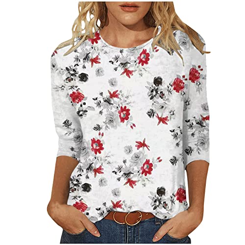 Damen Oberteile 3/4 Arm Bluse Lässige Federdruck Tshirt 2023 Tunika Shirt Sommer Rundhals Pullover Party Tee Tops Longbluse Dünne T Shirts Lose Bequeme Blusentops Sportbekleidung für Outdoor von TRIGLICOLEUM