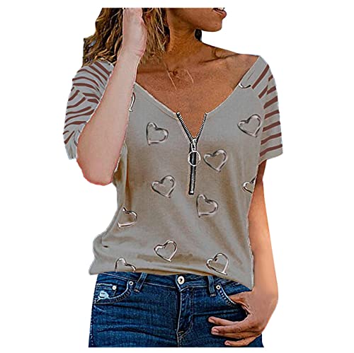 Damen Reißverschluss Bluse V-Ausschnitt Tshirt Sommer Tops Mode Liebe Herz Drucken Tunika Longtops Aushöhlen Kurzarm T-Shirt Bequeme Oberteile Blusenshirt Leichte Pullover Party Shirt Große Größen von TRIGLICOLEUM