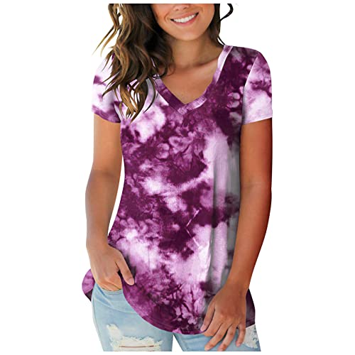 Damen Sommer Tshirt Bluse Bunte Batik Blumendruck Oberteile Kurzarm Tee Tops Große Größen V-Ausschnitt Pullover Lose Bequeme T-Shirt Leichte Shirt Tunika Slim Fit Blusentops Longshirt für Frauen von TRIGLICOLEUM