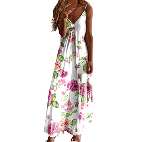 Langes Maxikleid Damen Klassisches Swing Kleid mit Rosenmuster Mode Boho Trägerkleid Sexy A-Linie Kleid mit V-Ausschnitt Blumendruck Bequemes Fließendes Weste Kleid Strandkleid Sommerkleid von TRIGLICOLEUM