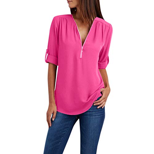 Longbluse Damen Chiffon V-Ausschnitt Bluse mit Reißverschluss Elegant Einfarbig Langarmshirt Große Größen Shirts Tunika Tops Slim Fit Tshirt Leichte Hemdbluse Oberteile Blusenshirt Blusen 5XL von TRIGLICOLEUM