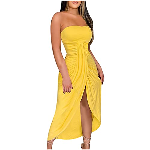 Schlauchkleid Damen Elegantes Einfarbiges Bandeau Kleid Sexy Schulterfreies Karneval Kleid A-Linien Kleid mit Hoher Taille und Hohem Schlitz Fließendes Langes Maxikleid Partykleid Abendkleid von TRIGLICOLEUM