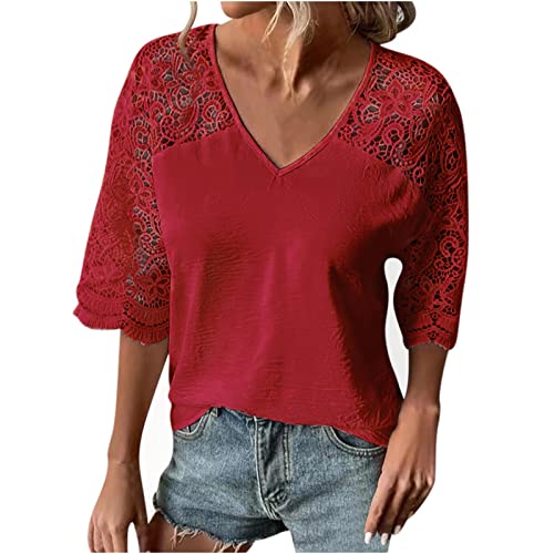 Sommer Oberteile Damen Elegant Spitzenärmeln Tshirt Einfarbige V-Ausschnitt Bluse Spitzennähte Pullover Große Größen Tee Tops Spitze Kurzarm T-Shirt Basic Shirt Blusentops Pulli Party für Frauen von TRIGLICOLEUM