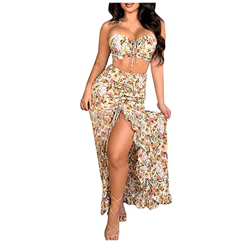 Sommerkleid Zweiteiler Damen Kleider Sexy Bandeau + Hoher Taille Rock Partykleid mit Hohem Schlitz Ärmelloses Schulterfreies Strandkleid Freizeitkleid mit Blumendruck Rückenfreies Maxikleid von TRIGLICOLEUM